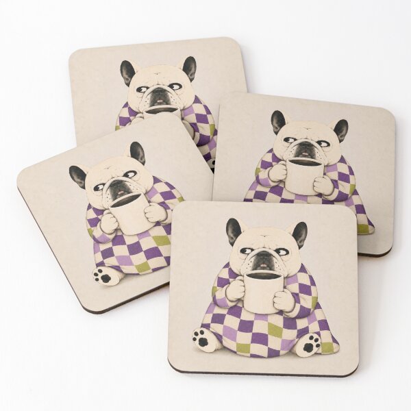 Item preview, Grumpy French Bulldog with Coffee – Purple Checkered Dog Art designed and sold by joycrysstudio.