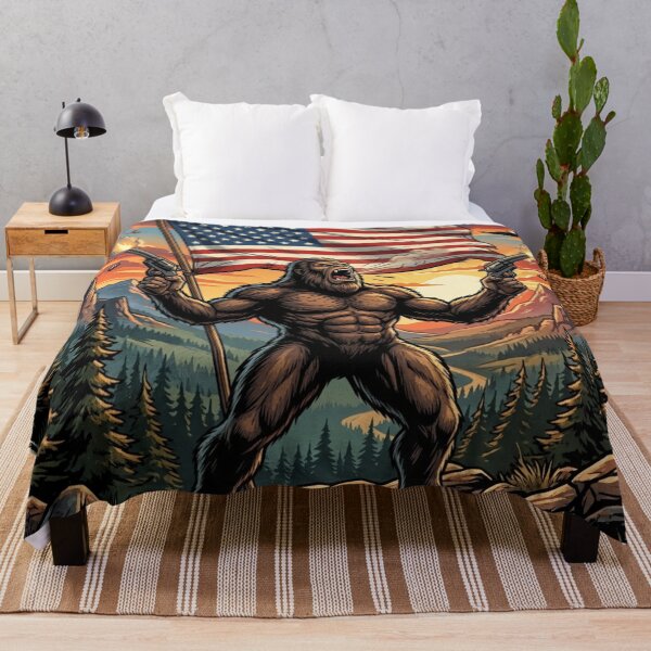 Item preview, Patriotic Bigfoot Shooting Guns in front of The American Flag designed and sold by Spank My Yeti.