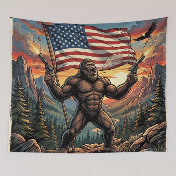 Item preview, Patriotic Bigfoot Shooting Guns in front of The American Flag designed and sold by Spank My Yeti.
