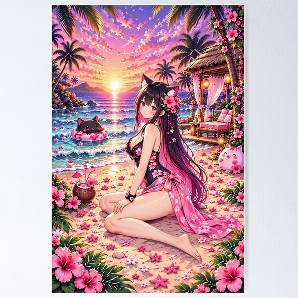 Item preview, Tropical Neko Girl – Pink Sunset Paradise designed and sold by Revyra Design .