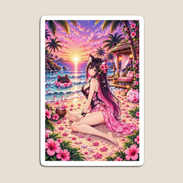 Item preview, Tropical Neko Girl – Pink Sunset Paradise designed and sold by Revyra Design .