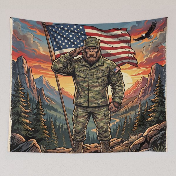 Item preview, Patriotic Bigfoot Saluting The American Flag in a Marine Corp Uniform designed and sold by Spank My Yeti.