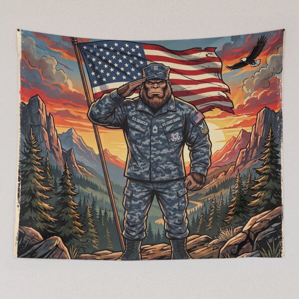 Item preview, Patriotic Bigfoot Saluting The American Flag in a Coast Guard Uniform designed and sold by Spank My Yeti.