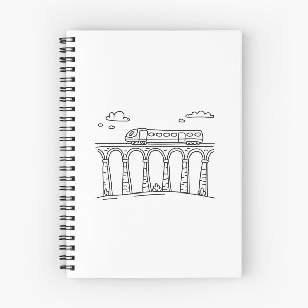 Item preview, doodle illustration of a freight train moving across an old stone viaduct designed and sold by rasagamastore.