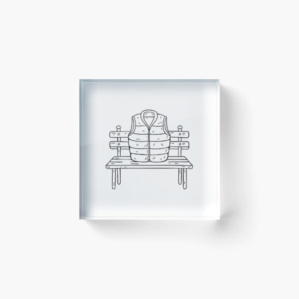 Item preview, doodle illustration of a folded puffer vest on a wooden seat designed and sold by rasagamastore.