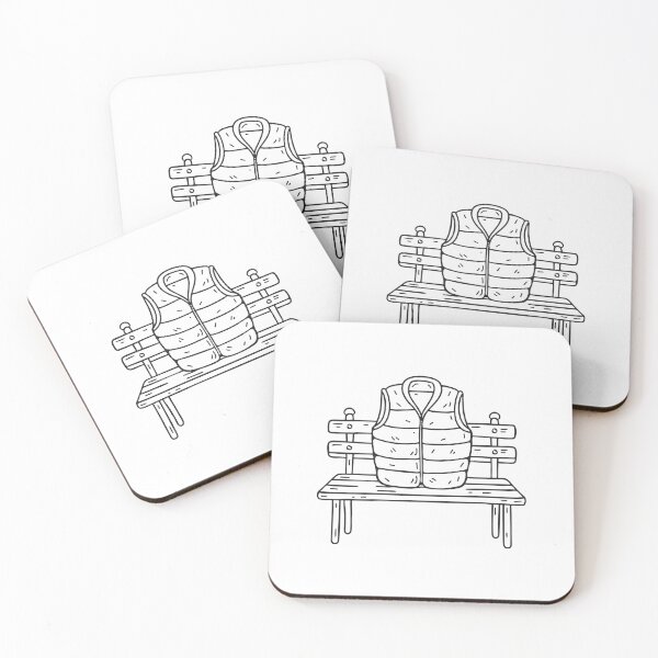 Item preview, doodle illustration of a folded puffer vest on a wooden seat designed and sold by rasagamastore.