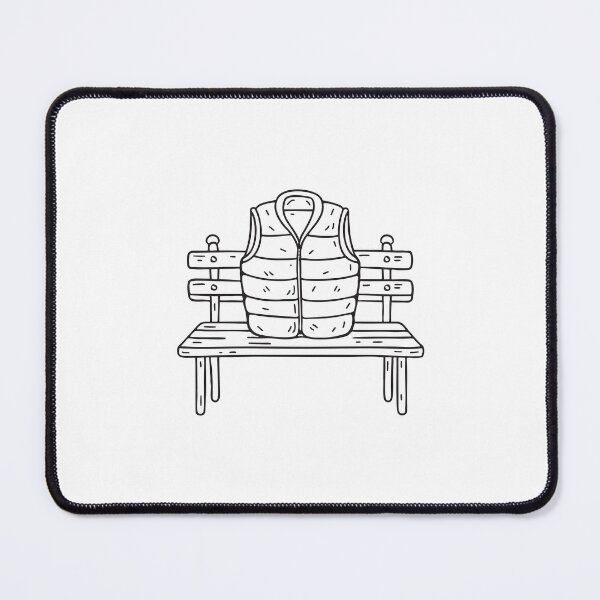 Item preview, doodle illustration of a folded puffer vest on a wooden seat designed and sold by rasagamastore.