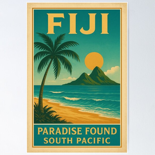 Aperçu de l'œuvre Affiche de voyage vintage des Fidji, milieu du XXe siècle créée et vendue par Eclipse 3699.