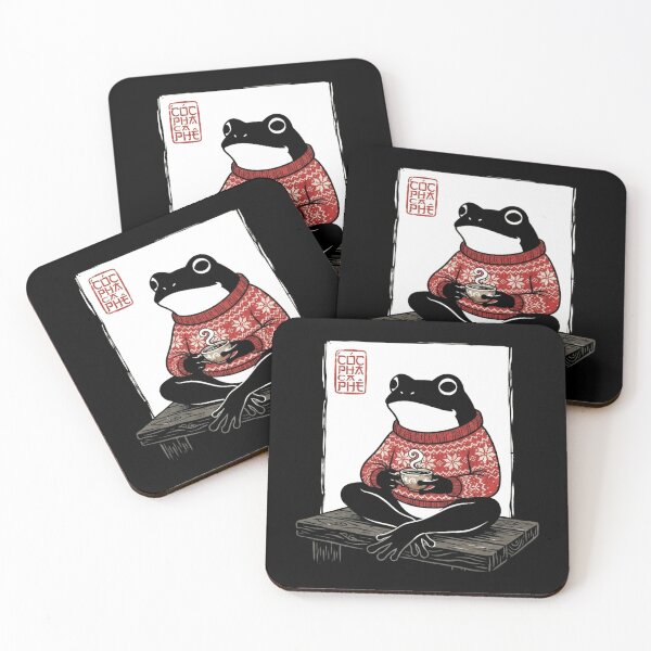 Item preview, Cozy Black Frog in Red Winter Sweater Drinking Hot Tea designed and sold by MiALopezArt.