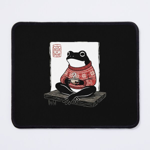 Item preview, Cozy Black Frog in Red Winter Sweater Drinking Hot Tea designed and sold by MiALopezArt.