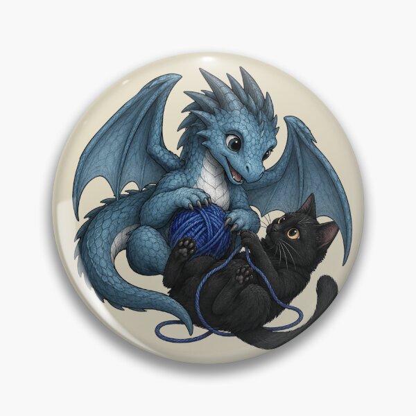 Item preview, Playful Blue Baby Dragon and Black Cat with Yarn Ball Fantasy Illustration designed and sold by Hatchling Hollow.