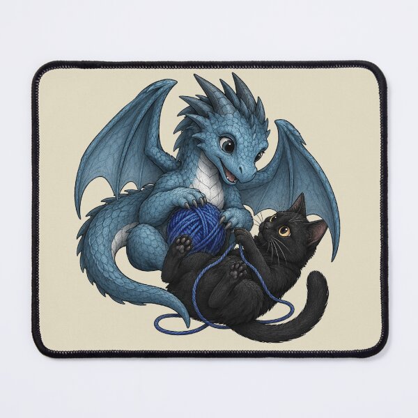 Item preview, Playful Blue Baby Dragon and Black Cat with Yarn Ball Fantasy Illustration designed and sold by Hatchling Hollow.