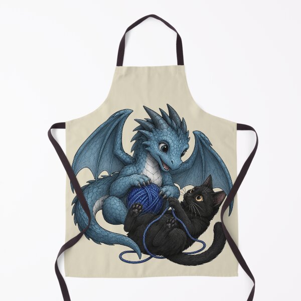 Item preview, Playful Blue Baby Dragon and Black Cat with Yarn Ball Fantasy Illustration designed and sold by Hatchling Hollow.