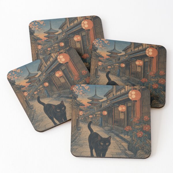Item preview, Twilight Stroll in Kyoto - Black Cat & Cherry Blossoms designed and sold by vekotpu.