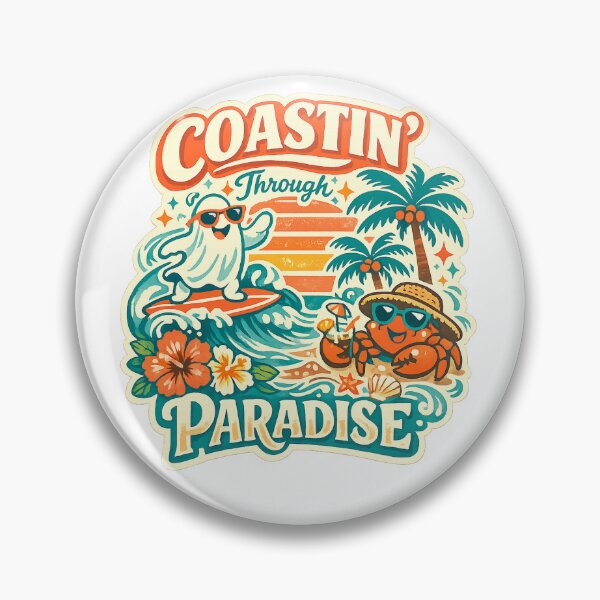 Item preview, Coastin Through Paradise Cute Ghost Surfing Tropical Beach Retro Art Design designed and sold by inkoutninja.