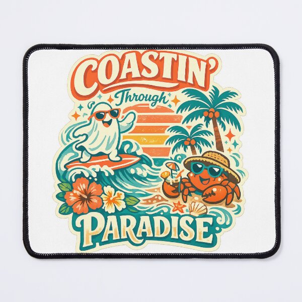 Item preview, Coastin Through Paradise Cute Ghost Surfing Tropical Beach Retro Art Design designed and sold by inkoutninja.