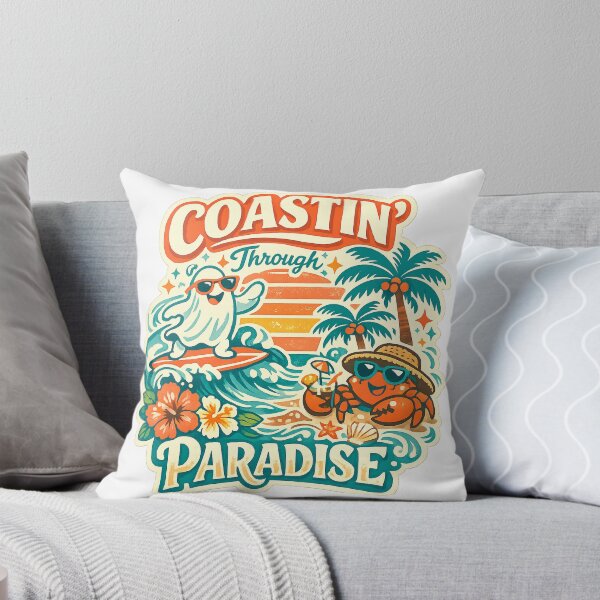 Item preview, Coastin Through Paradise Cute Ghost Surfing Tropical Beach Retro Art Design designed and sold by inkoutninja.