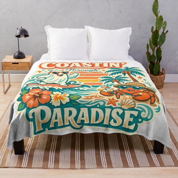 Item preview, Coastin Through Paradise Cute Ghost Surfing Tropical Beach Retro Art Design designed and sold by inkoutninja.