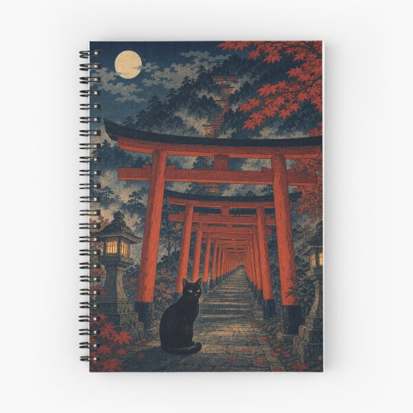 Item preview, Black Cat at Full Moon Shrine Gate - Japanese Ukiyo-e Woodblock Art designed and sold by vekotpu.