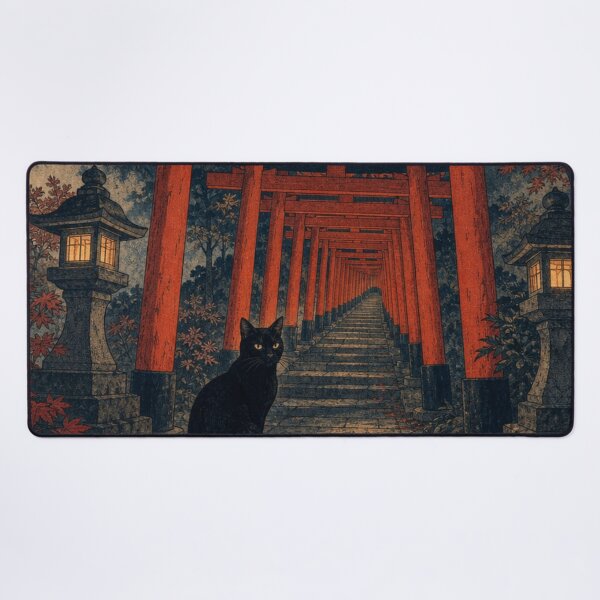 Item preview, Black Cat at Full Moon Shrine Gate - Japanese Ukiyo-e Woodblock Art designed and sold by vekotpu.