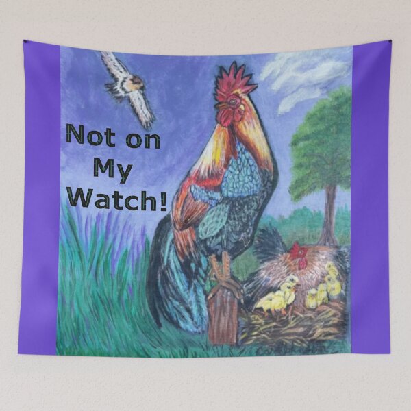 Item preview, Not on My Watch! Fierce Rooster Stands Guard over his Hen and Chicks designed and sold by Laugh a Lot Folk Art.