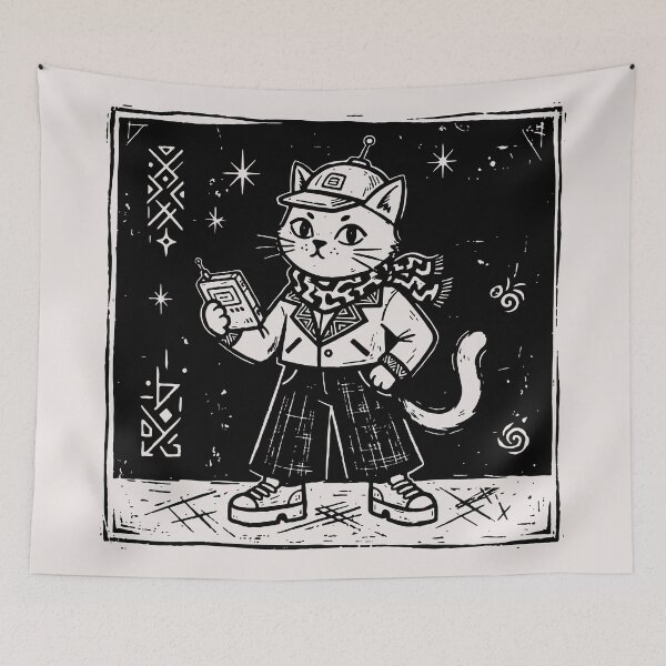 Item preview, Vintage Paranormal Investigator Cat Retro Sci-Fi Linocut Art designed and sold by Cipher & Soul.