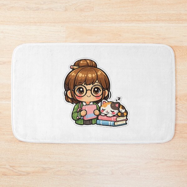 Item preview, Kawaii chibi librarian with sleeping cat – Adorable pastel design for book and cat lovers designed and sold by Ars Viva.