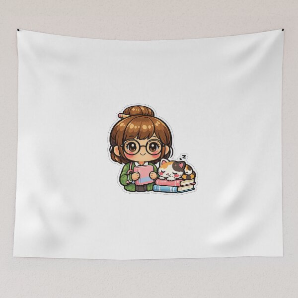 Item preview, Kawaii chibi librarian with sleeping cat – Adorable pastel design for book and cat lovers designed and sold by Ars Viva.