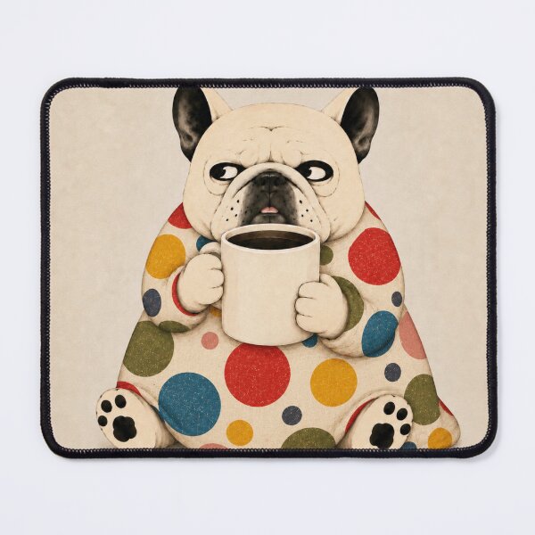 Item preview, Grumpy French Bulldog with Coffee – Colorful Retro Polka Dot Frenchie designed and sold by joycrysstudio.