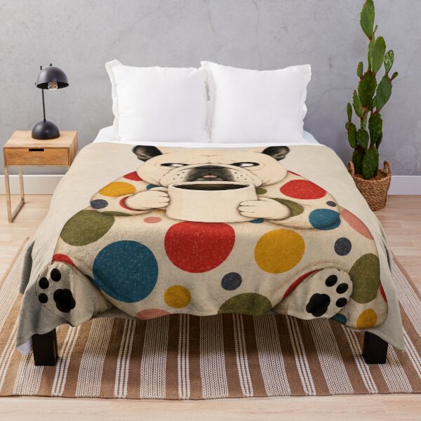 Item preview, Grumpy French Bulldog with Coffee – Colorful Retro Polka Dot Frenchie designed and sold by joycrysstudio.