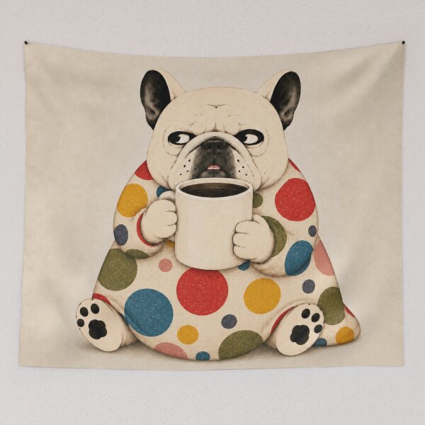Item preview, Grumpy French Bulldog with Coffee – Colorful Retro Polka Dot Frenchie designed and sold by joycrysstudio.