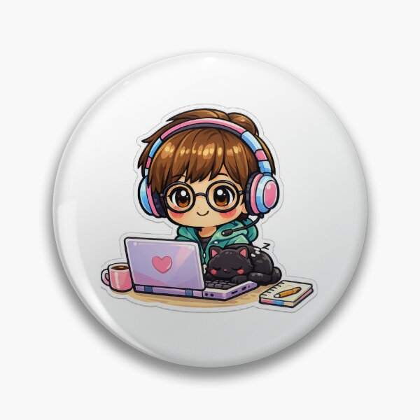Item preview, Kawaii chibi programmer with black cat – Adorable pastel sticker for code and cat lovers designed and sold by Ars Viva.