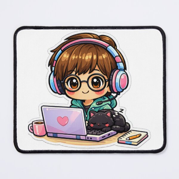 Item preview, Kawaii chibi programmer with black cat – Adorable pastel sticker for code and cat lovers designed and sold by Ars Viva.