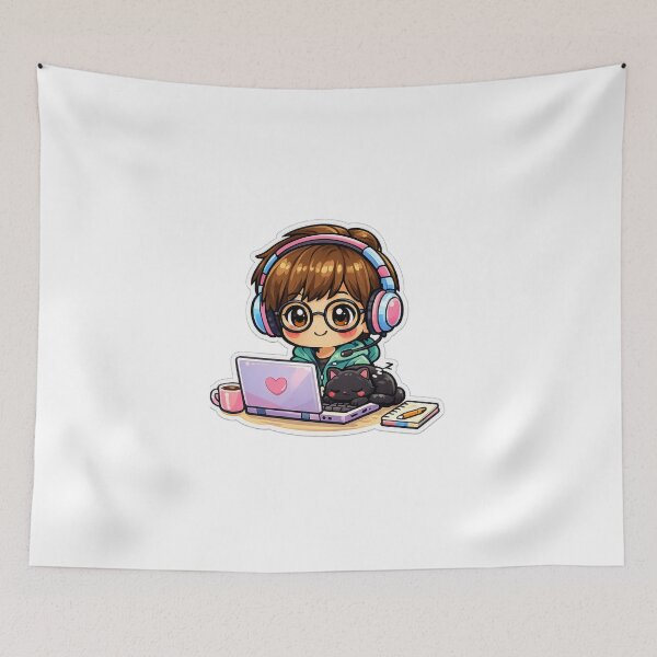 Item preview, Kawaii chibi programmer with black cat – Adorable pastel sticker for code and cat lovers designed and sold by Ars Viva.
