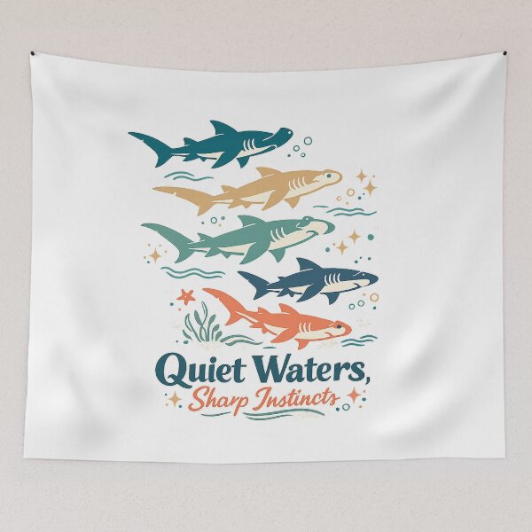 Item preview, Quiet Waters Sharp Instincts Shark Ocean Retro Coastal Art Design designed and sold by inkoutninja.
