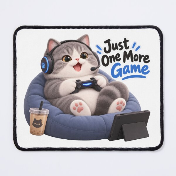 Item preview, Just One More Game – Cute Gamer Cat designed and sold by HoloHugDesigns.