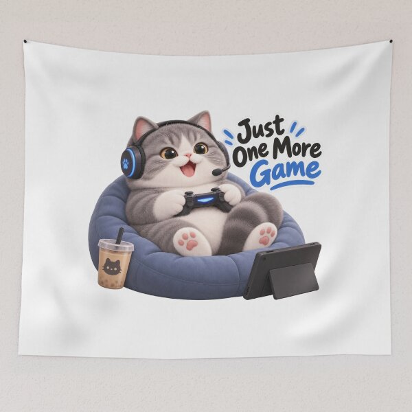Item preview, Just One More Game – Cute Gamer Cat designed and sold by HoloHugDesigns.