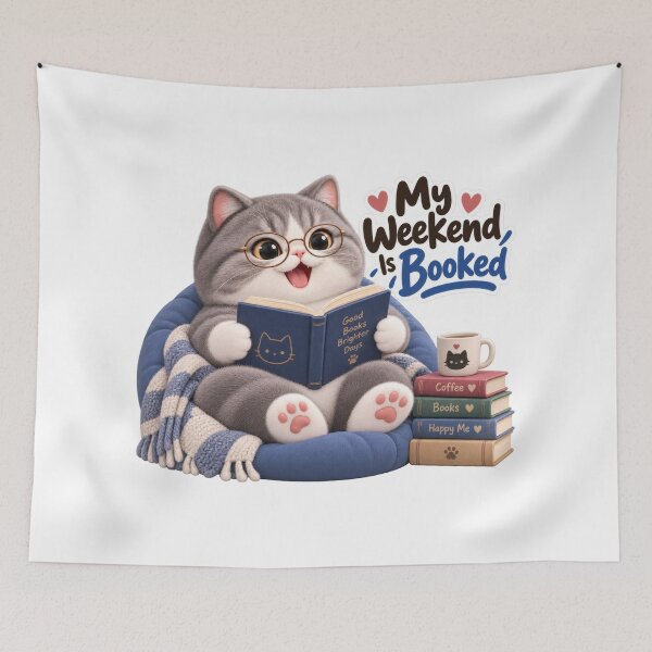 Item preview, My Weekend Is Booked – Cute Reading Cat designed and sold by HoloHugDesigns.