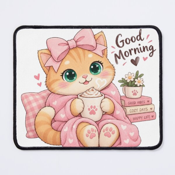 Item preview, Good Morning Cozy Pink Bow Cat With Coffee designed and sold by Luna's World - Moody Vibes Studio.