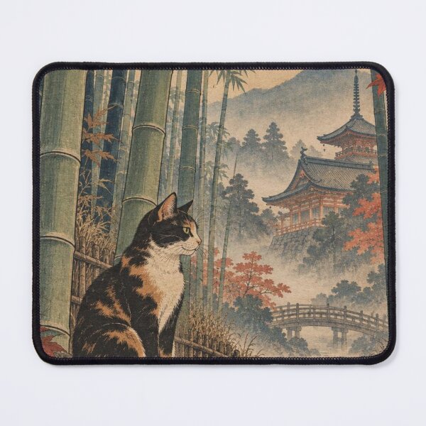 Item preview, Calico Cat in Bamboo Forest - Autumn Temple & Bridge designed and sold by vekotpu.
