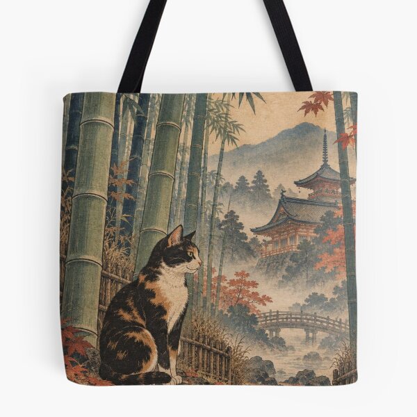 Item preview, Calico Cat in Bamboo Forest - Autumn Temple & Bridge designed and sold by vekotpu.