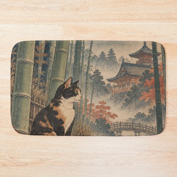 Item preview, Calico Cat in Bamboo Forest - Autumn Temple & Bridge designed and sold by vekotpu.