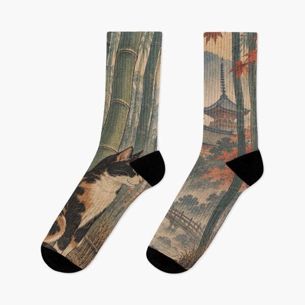 Item preview, Calico Cat in Bamboo Forest - Autumn Temple & Bridge designed and sold by vekotpu.