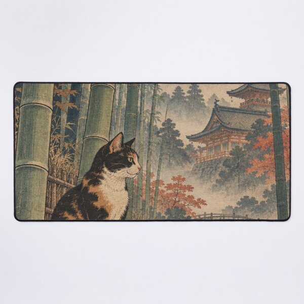 Item preview, Calico Cat in Bamboo Forest - Autumn Temple & Bridge designed and sold by vekotpu.
