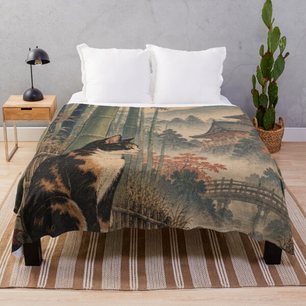 Item preview, Calico Cat in Bamboo Forest - Autumn Temple & Bridge designed and sold by vekotpu.