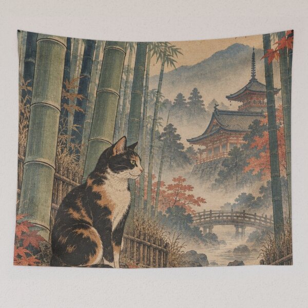 Item preview, Calico Cat in Bamboo Forest - Autumn Temple & Bridge designed and sold by vekotpu.