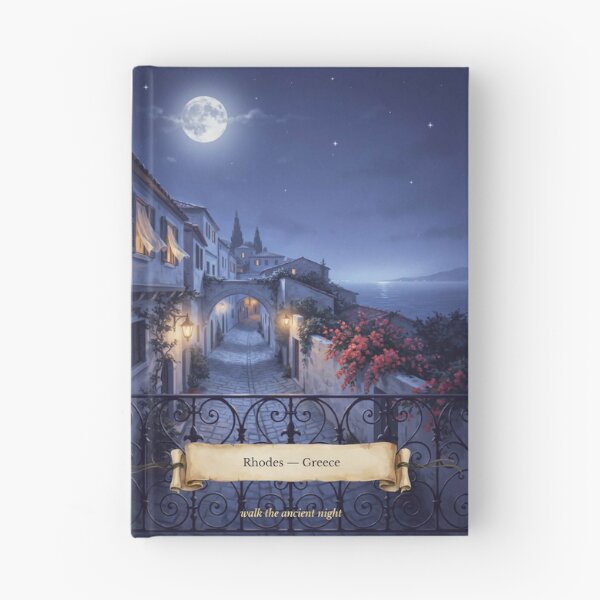 Item preview, Rhodes Moonlit Balcony Streetscape — Romantic Mediterranean Night Art designed and sold by stickercuffs.