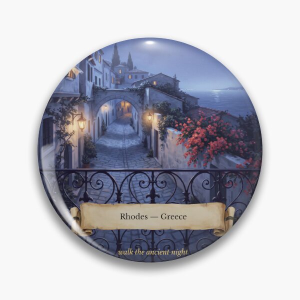 Item preview, Rhodes Moonlit Balcony Streetscape — Romantic Mediterranean Night Art designed and sold by stickercuffs.