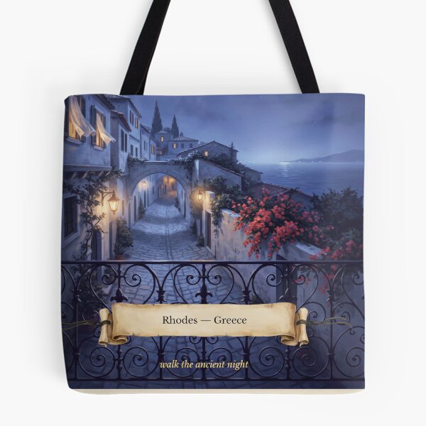 Item preview, Rhodes Moonlit Balcony Streetscape — Romantic Mediterranean Night Art designed and sold by stickercuffs.