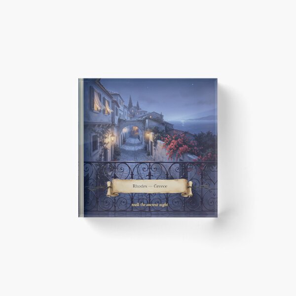 Item preview, Rhodes Moonlit Balcony Streetscape — Romantic Mediterranean Night Art designed and sold by stickercuffs.